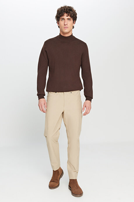 Yünlü Standart Fit Normal Kesim Yarım Balıkçı Yaka Triko Kahverengi Kazak resmi