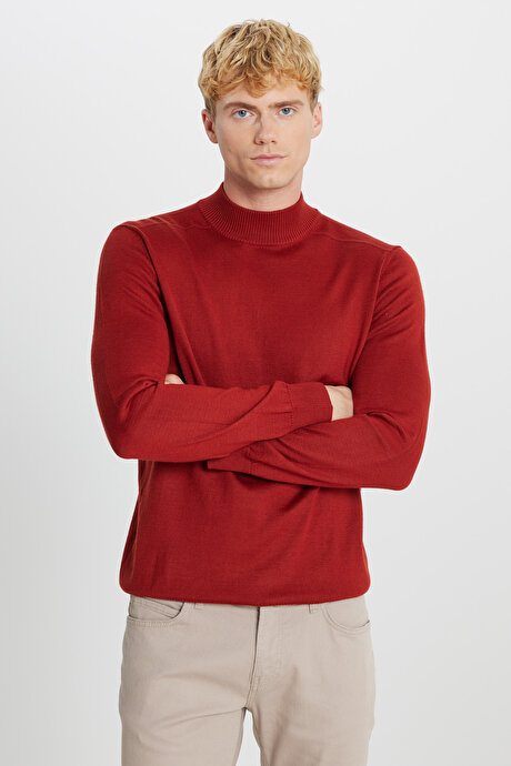 Yünlü Standart Fit Normal Kesim Yarım Balıkçı Yaka Triko Kiremit Kazak resmi