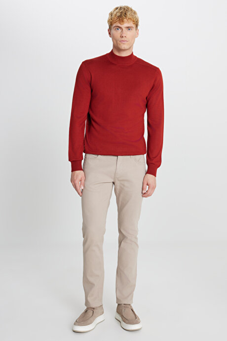 Yünlü Standart Fit Normal Kesim Yarım Balıkçı Yaka Triko Kiremit Kazak resmi