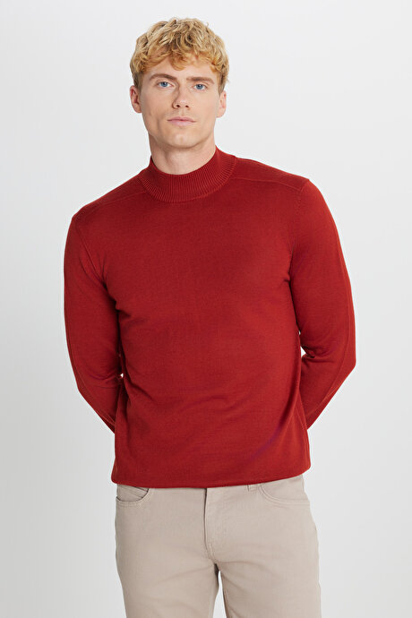 Yünlü Standart Fit Normal Kesim Yarım Balıkçı Yaka Triko Kiremit Kazak resmi