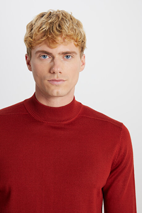 Yünlü Standart Fit Normal Kesim Yarım Balıkçı Yaka Triko Kiremit Kazak resmi