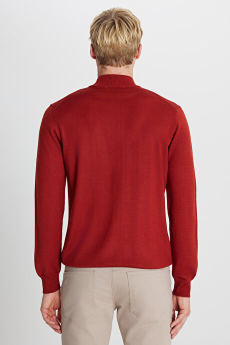 Yünlü Standart Fit Normal Kesim Yarım Balıkçı Yaka Triko Kiremit Kazak resmi