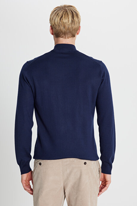 Yünlü Standart Fit Normal Kesim Yarım Balıkçı Yaka Triko Lacivert Kazak resmi