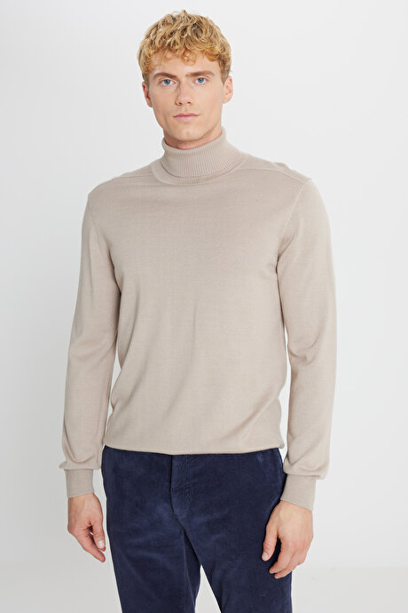 Yünlü Standart Fit Normal Kesim Tam Balıkçı Yaka Triko Bej Melanj Kazak resmi