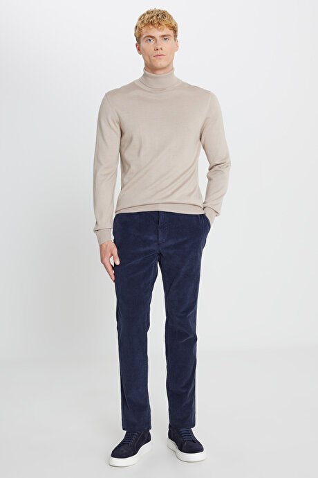 Yünlü Standart Fit Normal Kesim Tam Balıkçı Yaka Triko Bej Melanj Kazak resmi