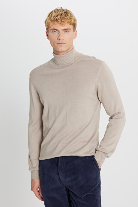 Yünlü Standart Fit Normal Kesim Tam Balıkçı Yaka Triko Bej Melanj Kazak resmi