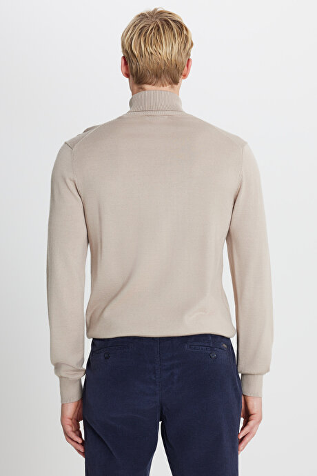 Yünlü Standart Fit Normal Kesim Tam Balıkçı Yaka Triko Bej Melanj Kazak resmi
