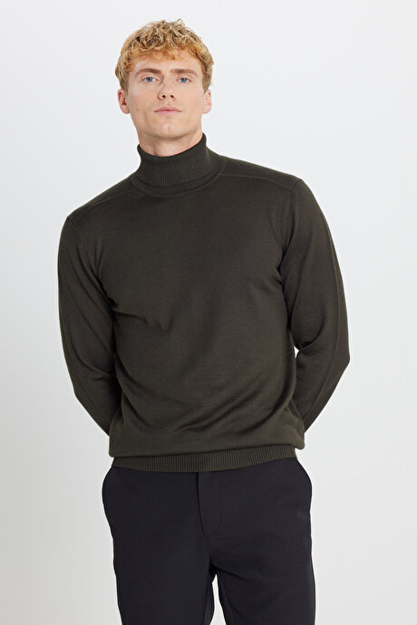 Yünlü Standart Fit Normal Kesim Tam Balıkçı Yaka Triko Haki Kazak resmi