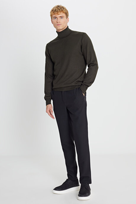 Yünlü Standart Fit Normal Kesim Tam Balıkçı Yaka Triko Haki Kazak resmi