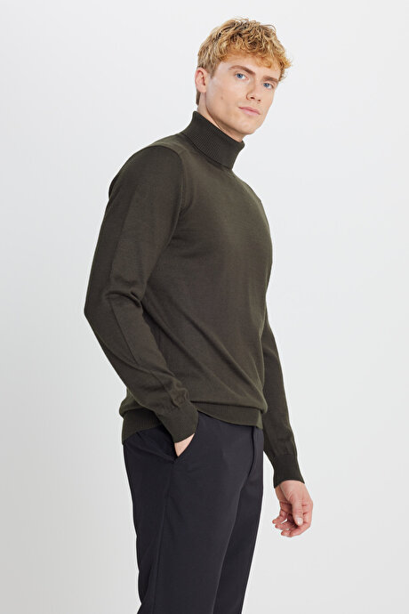 Yünlü Standart Fit Normal Kesim Tam Balıkçı Yaka Triko Haki Kazak resmi