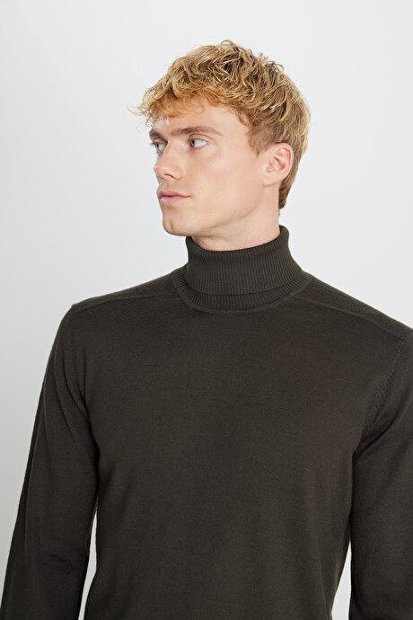 Yünlü Standart Fit Normal Kesim Tam Balıkçı Yaka Triko Haki Kazak resmi