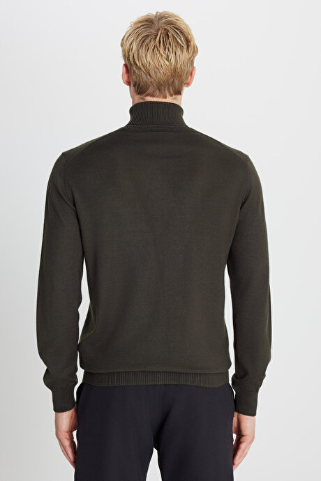 Yünlü Standart Fit Normal Kesim Tam Balıkçı Yaka Triko Haki Kazak resmi