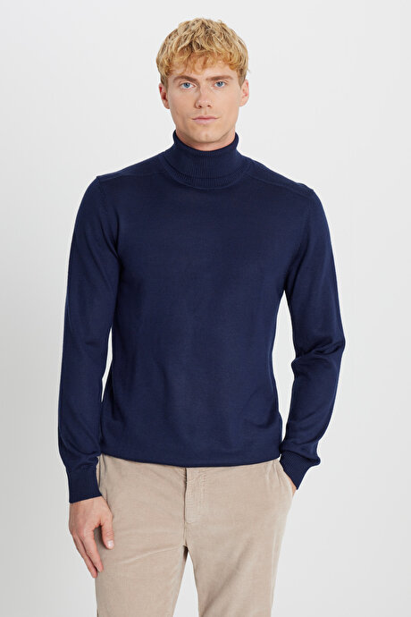 Yünlü Standart Fit Normal Kesim Tam Balıkçı Yaka Triko Lacivert Kazak resmi