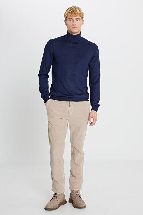 Yünlü Standart Fit Normal Kesim Tam Balıkçı Yaka Triko Lacivert Kazak resmi