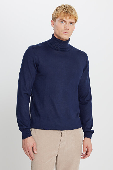 Yünlü Standart Fit Normal Kesim Tam Balıkçı Yaka Triko Lacivert Kazak resmi