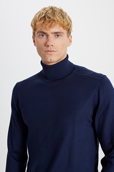 Yünlü Standart Fit Normal Kesim Tam Balıkçı Yaka Triko Lacivert Kazak resmi