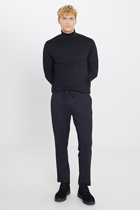 Yünlü Standart Fit Normal Kesim Tam Balıkçı Yaka Triko Siyah Kazak resmi