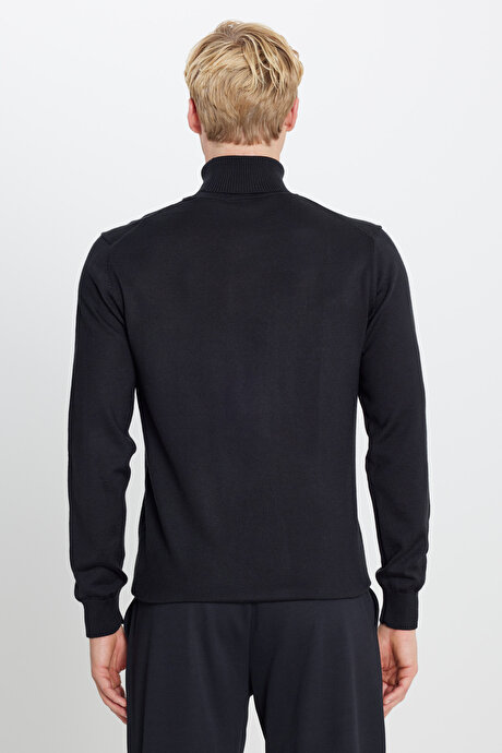 Yünlü Standart Fit Normal Kesim Tam Balıkçı Yaka Triko Siyah Kazak resmi