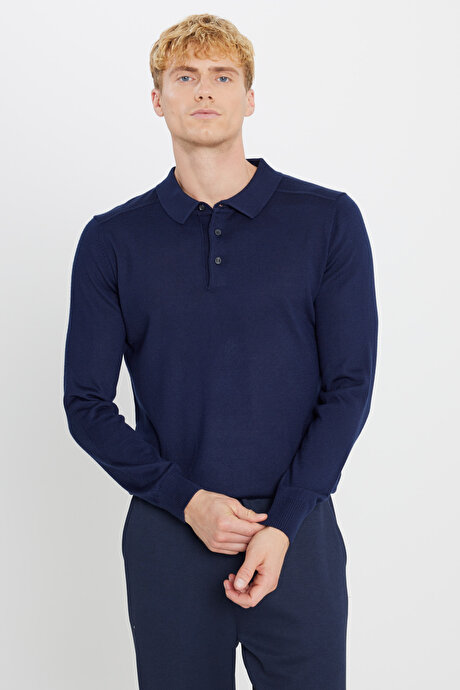 Yünlü Standart Fit Normal Kesim Polo Yaka Triko Lacivert Kazak resmi