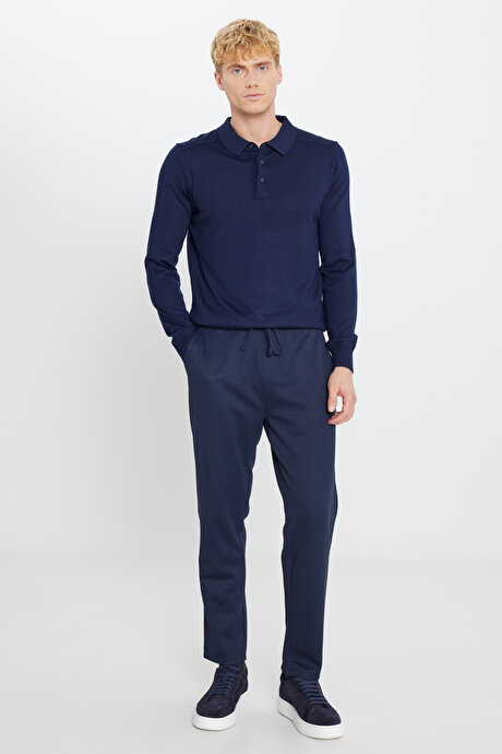 Yünlü Standart Fit Normal Kesim Polo Yaka Triko Lacivert Kazak resmi