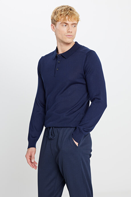Yünlü Standart Fit Normal Kesim Polo Yaka Triko Lacivert Kazak resmi