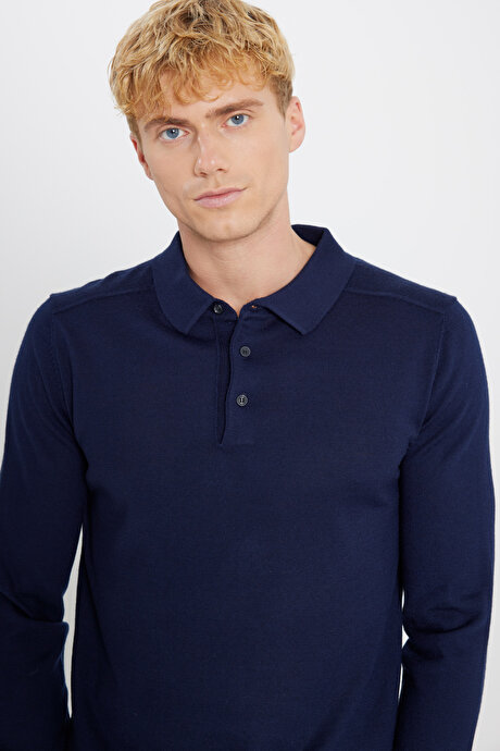 Yünlü Standart Fit Normal Kesim Polo Yaka Triko Lacivert Kazak resmi