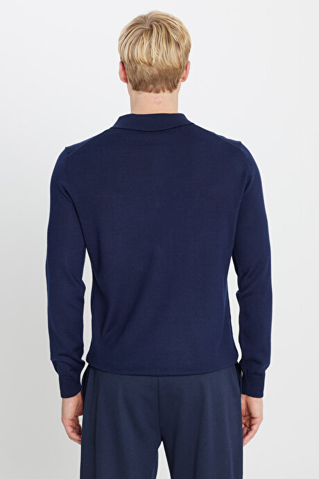 Yünlü Standart Fit Normal Kesim Polo Yaka Triko Lacivert Kazak resmi