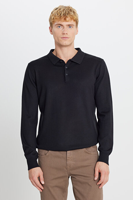Yünlü Standart Fit Normal Kesim Polo Yaka Triko Siyah Kazak resmi