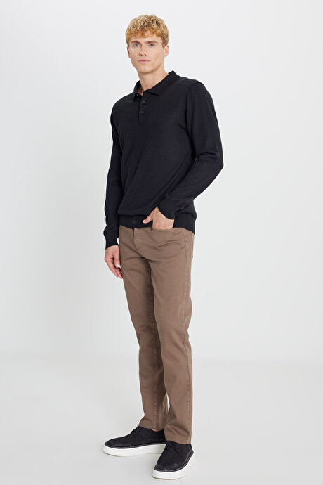 Yünlü Standart Fit Normal Kesim Polo Yaka Triko Siyah Kazak resmi