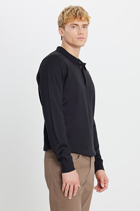 Yünlü Standart Fit Normal Kesim Polo Yaka Triko Siyah Kazak resmi