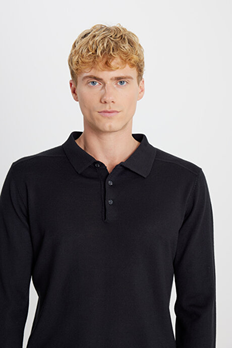 Yünlü Standart Fit Normal Kesim Polo Yaka Triko Siyah Kazak resmi