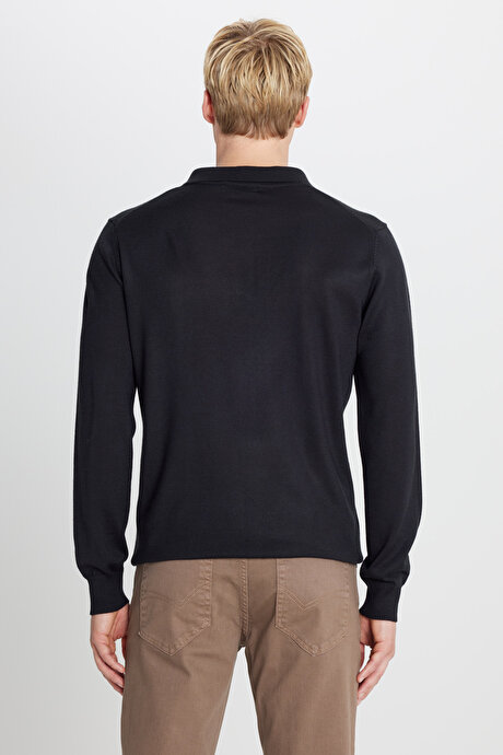 Yünlü Standart Fit Normal Kesim Polo Yaka Triko Siyah Kazak resmi