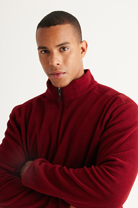 Anti-Pilling Tüylenme Yapmayan Standart Fit Bato Yaka Soğuk Geçirmez Sweatshirt Bordo Polar resmi