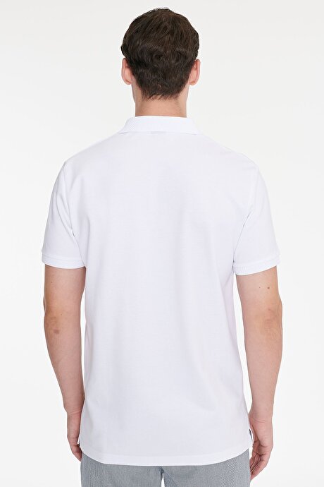 Slim Fit Dar Kesim %100 Pamuk Polo Yaka Kısa Kollu Beyaz Tişört resmi