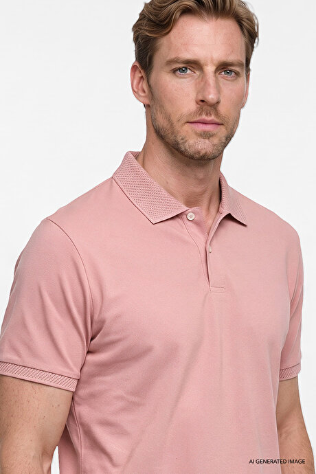 Slim Fit Dar Kesim %100 Pamuk Polo Yaka Kısa Kollu Gül Kurusu Tişört resmi