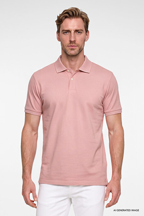 Slim Fit Dar Kesim %100 Pamuk Polo Yaka Kısa Kollu Gül Kurusu Tişört resmi