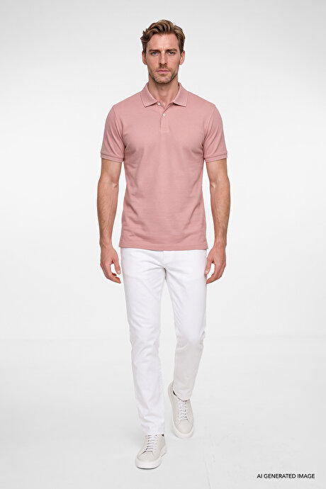 Slim Fit Dar Kesim %100 Pamuk Polo Yaka Kısa Kollu Gül Kurusu Tişört resmi
