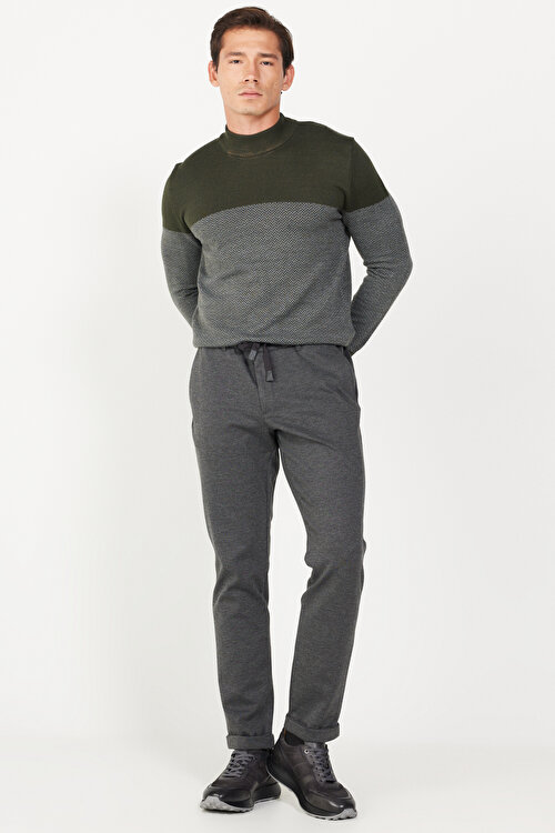 Slim Fit Dar Kesim Yan Cepli Beli Lastikli Bağlamalı Gri Pantolon4A0124100025GRI