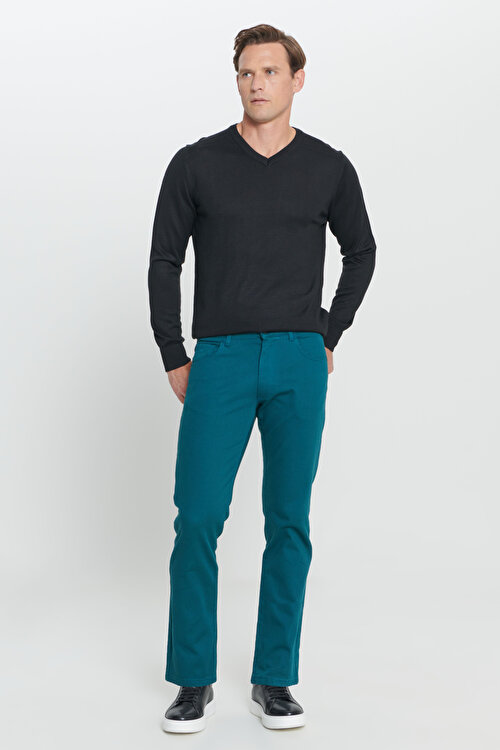 Comfort Fit Rahat Kesim 5 Cep Armürlü Pamuklu Petrol Pantolon4A0124100062PET