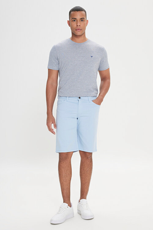 Slim Fit Dar Kesim Yan Cepli Gofre Desenli Açık Mavi Şort4A0224200007amv