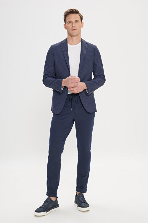 Slim Fit Dar Kesim Mono Yaka Armürlü Lacivert Ceket4A0424200015LAC