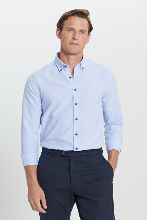 Slim Fit Dar Kesim Düğmeli Yaka Pamuklu Açık Mavi Gömlek4A2000000054amv