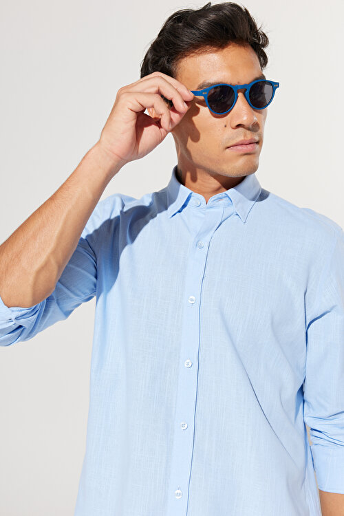 %100 Pamuk Flamlı Oxford Slim Fit Dar Kesim Düğmeli Yaka Mavi Gömlek4A2021200056MAV