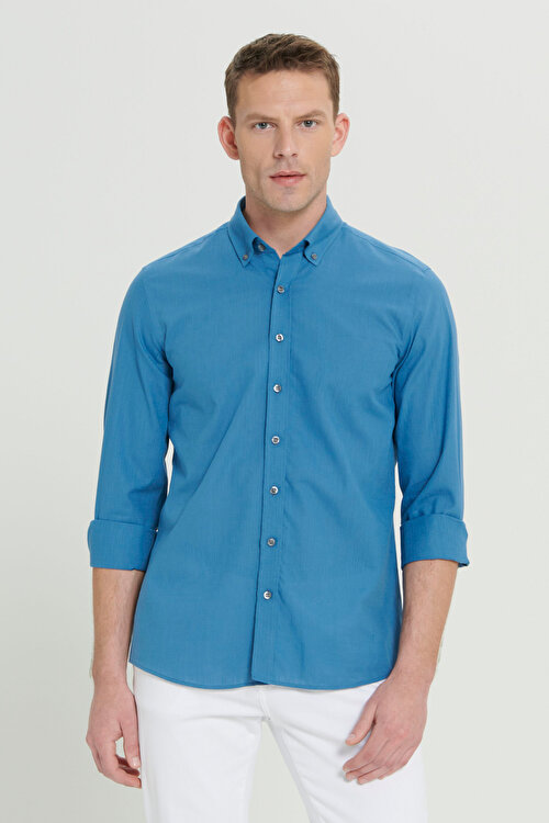 %100 Pamuk Flamlı Oxford Slim Fit Dar Kesim Düğmeli Yaka Petrol Gömlek4A2021200056PET