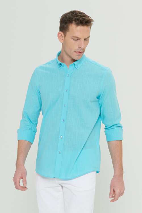 %100 Pamuk Flamlı Oxford Slim Fit Dar Kesim Düğmeli Yaka Turkuaz Gömlek4A2021200056TRK
