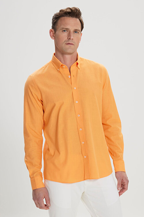 %100 Pamuk Flamlı Oxford Slim Fit Dar Kesim Düğmeli Yaka Turuncu Gömlek4A2021200056TRN