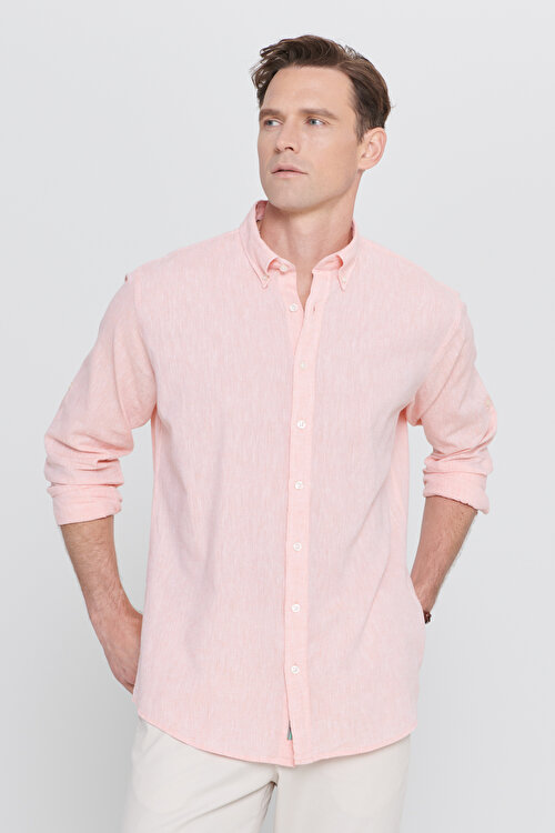 Comfort Fit Rahat Kesim Düğmeli Yaka Casual Keten Yavruağzı Gömlek4A2022200085YVZ