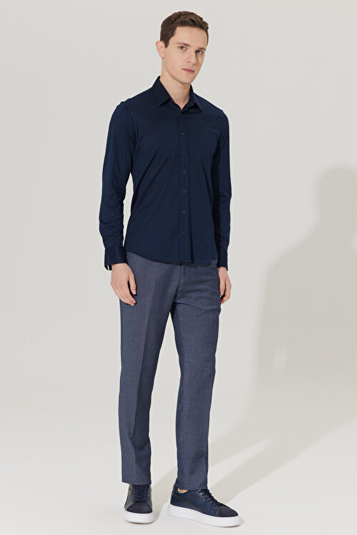 Slim Fit Dar Kesim Gizli Düğme Yaka %100 Pamuk Lacivert Gömlek4A2023200024LAC