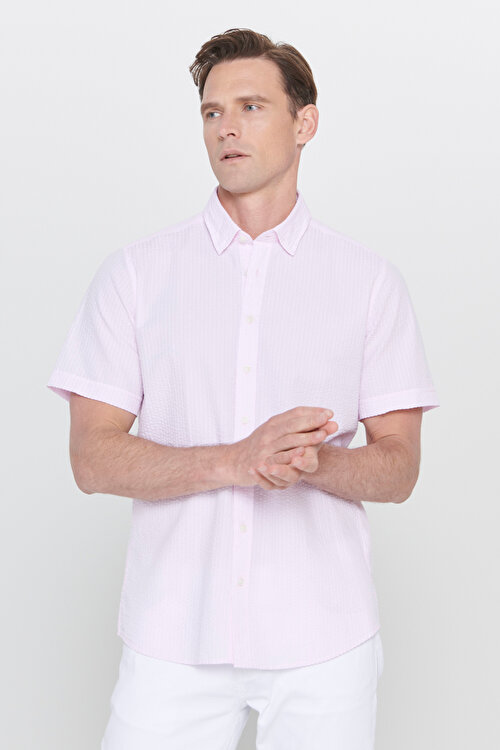Slim Fit Dar Kesim Gizli Düğmeli Yaka %100 Pamuk Gofre Desenli Pembe Gömlek4A2023200247PMB