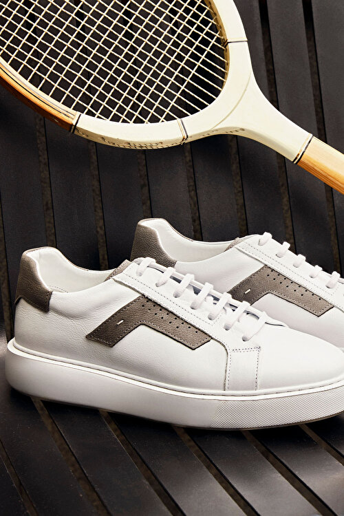 %100 Deri Rahat Taban Sneaker Beyaz-Gri Ayakkabı4A2225100009BGR